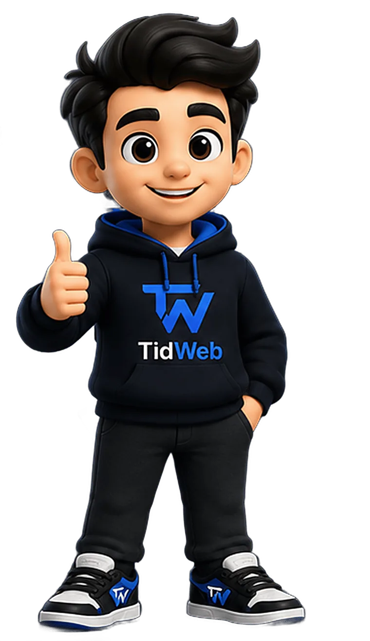 Tid, the TidWeb mascot, beside a launched Elementor business website