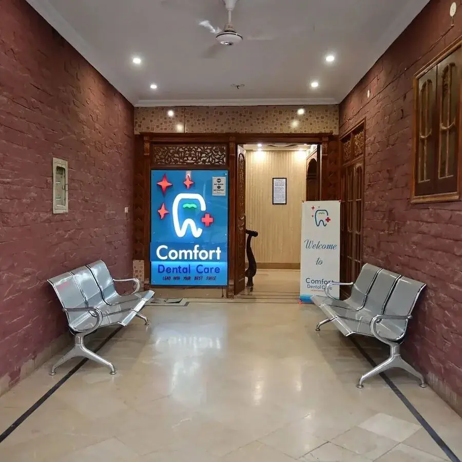 Reception hallway with Comfort Dental Care signage